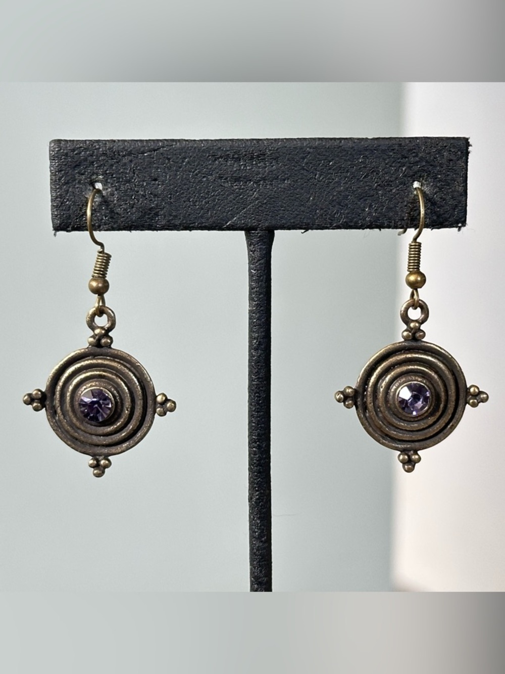 Hocus Pocus Inspired Winifred Sanderson Brass Drop Earrings Purple Rhinestone